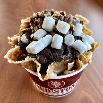 Dark Chocolate Rocky Road (pecans and mini marshmallows) in a waffle cup