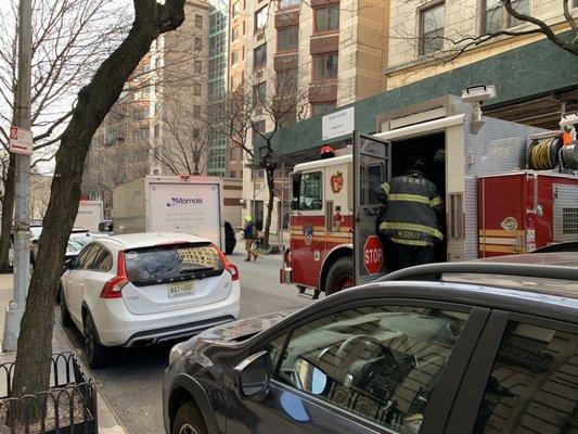 This company always takes their trucks and double parks. Plain out rude. This time they are blocking a fire truck.