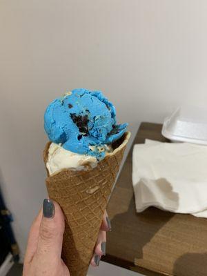 Waffle cone, salted caramel brownie scoop, Cookie Monster scoop