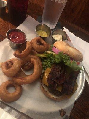 WBK burger with onion rings $9.65