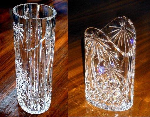 Cracked crystal vase, before and after radical reshaping.