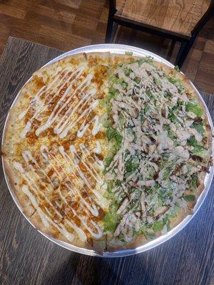 Half buffalo chicken, half salad pizza!