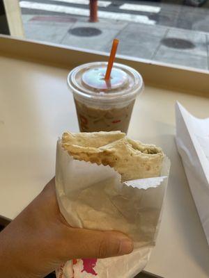 Chicken & Roasted Pepper Dunkin' Wrap and iced pumpkin spice latte medium