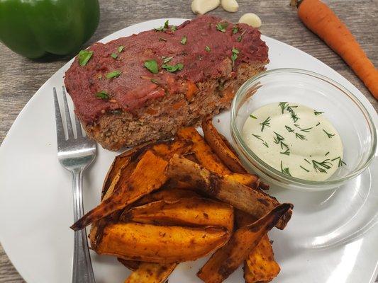 Organic Meatloaf with Sweet Potato Fries and Lemon Dill Aioli