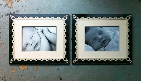 Matched set of distressed painted frames for siblings.