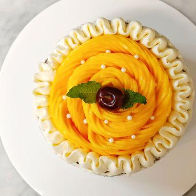 Chocolate Mango Cake with Apricot Jam Filling and Mascarpone Cream