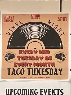 Taco and Vinyl Tuesday every 2nd Tuesday every month starting at 5pm