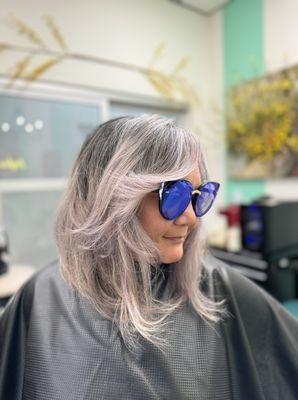 Grey blending with a soft dusty Lavender Color, Lob-haircut and Blowout styled. "Personality is everything".