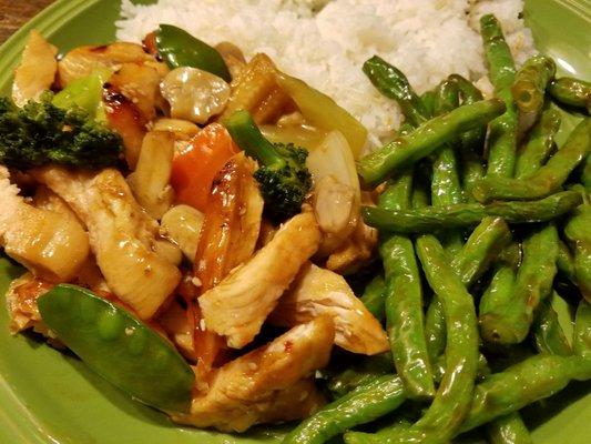 Terryiak chicken, rice, with side of sauted string beans. Take out, and plenty for lunch tomorrow Perfect!