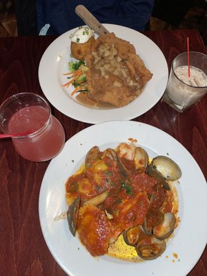 Pork Schnitzel, Lobster Ravioli Fra Diablo with Clams and Shrimp