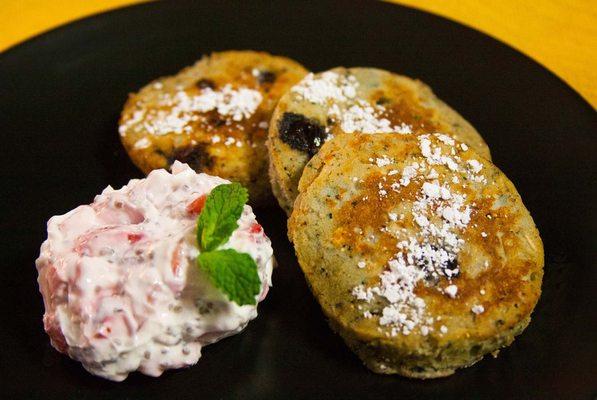 Protein Blueberry Pancakes with Strawberry and Chia Mascapone