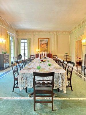 Dining room, no chandelier due to unflattering shadows cast by overhead lighting