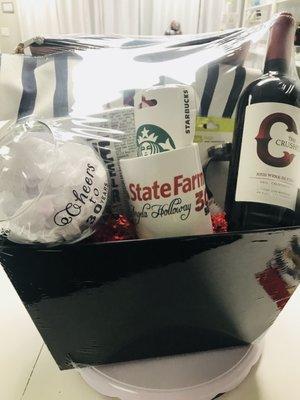 Gift Basket with personalized wine glass, coffee mug and more!