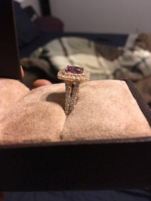 Giant Purple sapphire, Rose Gold band, Covered in Diamonds