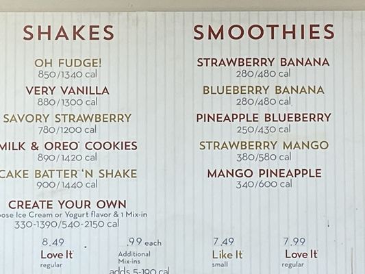 Shakes & smoothies menu