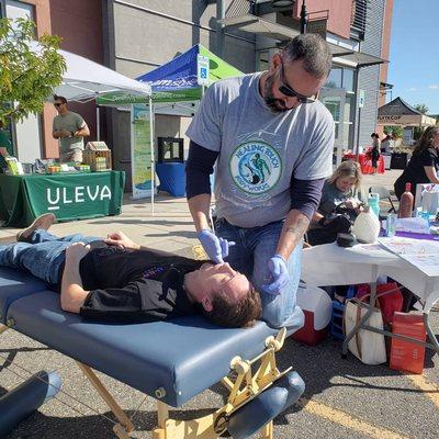 Demonstrating TMJ massage at the 24hr fitness in Wheat Ridge Co.