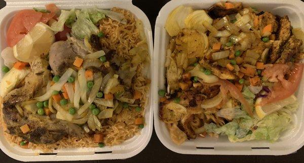 Goat over rice (left) and chicken over noodles