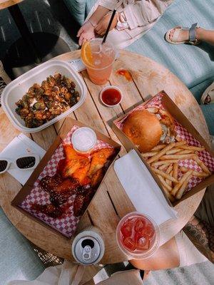 Brussel sprouts, chicken wings, the wild bird sandwich