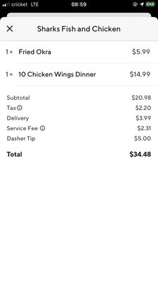 WAS NOT GIVEN MY COMPLETE ORDER! WINGS WERE MISSING AND I WANT MY $34.48 BACK!  I ALSO DID NOT TIP THE DASHER $5.00!