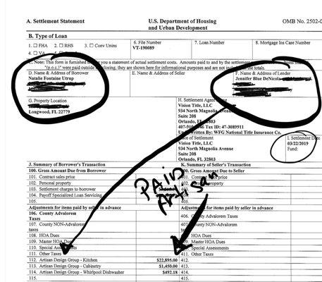 Proof that both of our names are on the payment to Artisan Design Group with the property address of the contract.