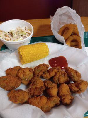 Oysters,  corn, onion and Cole slaw