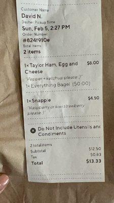 DoorDash receipt