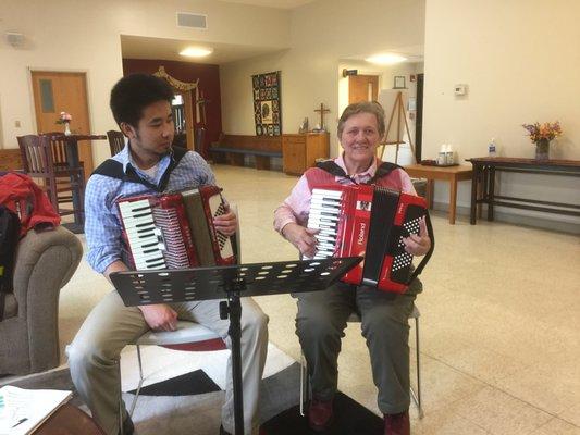 Greeters at the Washington Metropolitan Accordion Society mothly meeting with student Chuan Yen June 2018