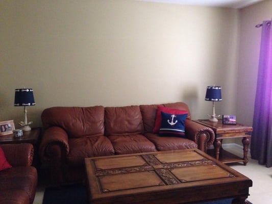 Large couch, love seat, cofee table and two end tables fit with room to walk.