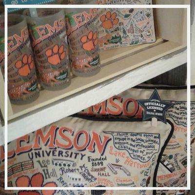 Show your Clemson Tigers pride with our embroidered Clemson pillows, clutch pouches and frosted glassware!