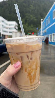 Iced white chocolate mocha with caramel