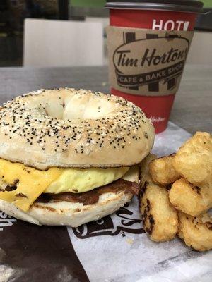 #9 - everything bagel w bacon, egg & cheese. Side of hash brown sticks and coffee