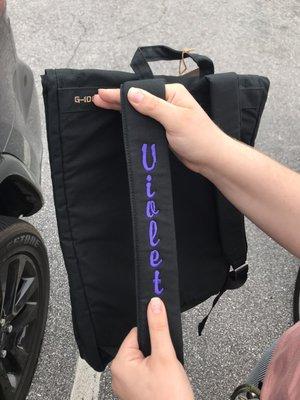 Personalized backpack strap.