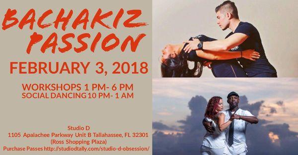 Advert for Studio D's special lessons set for the February Tallahassee Social.  Bachata and Kizomba instructors (top to bottom).