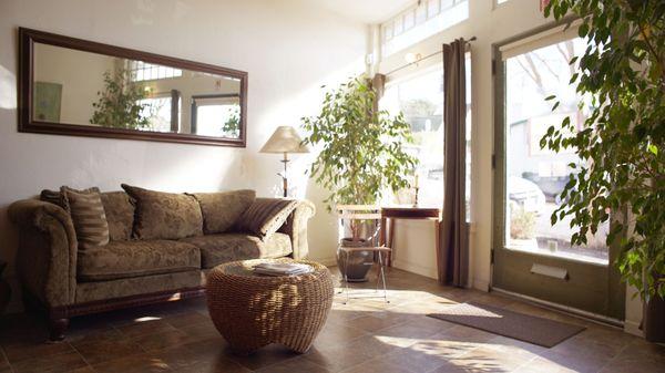 Light filled serene waiting area. Sit and have a cup of tea and relax before or after your treatment.