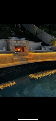 Fireplace and seating area with LED lights