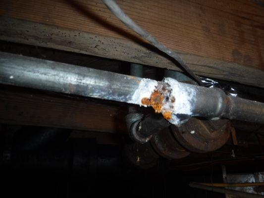 Deteriorating galvanized pipe with a leak in crawl space.