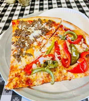 Two large slices with extra toppings