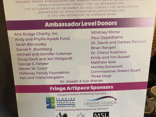 Fringe Ambassador level donors.  I'm one third of the Divas.