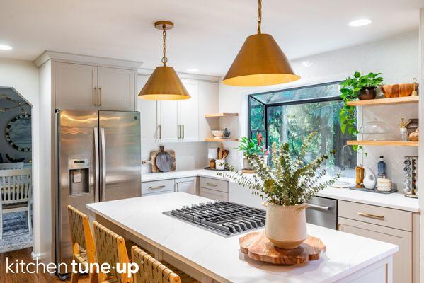 Timeless Elegance: Taupe Shaker Kitchen with Golden Accents