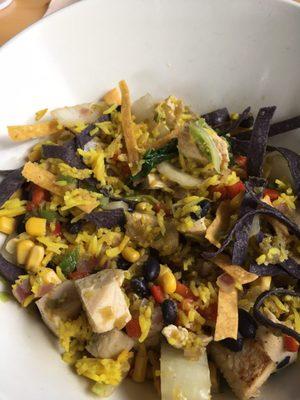 Southwest Green Chili bowl with Chicken and turmeric rice.