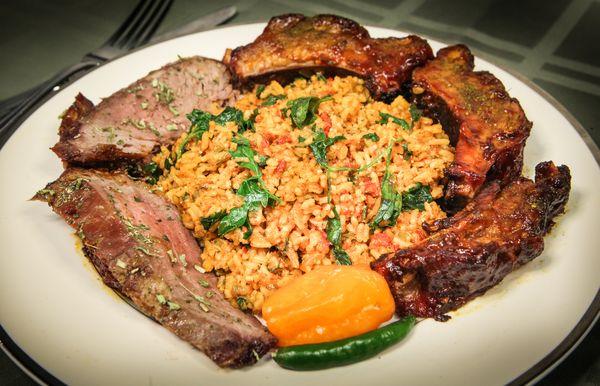 Jollof West African Rice with Beef Brisket and Baby back Ribs Yeah!