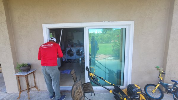 Sliding glass door installation in progress