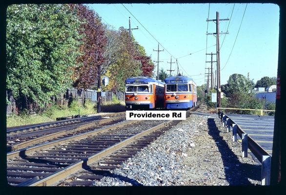 Vintage 1978 postcard -- SEPTA Trolley Passing at Media, PA -- Providence Road Station