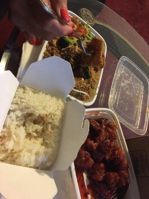 Spicy chicken broccoli with vegetable fried rice, white rice, General tso chicken