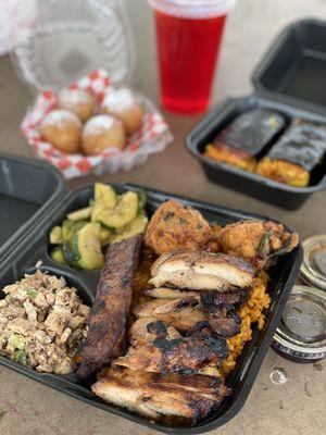 Locals plate, Red Rice Spam Musubi, Red Rice Breaded Shrimp Musubi, Mochi Donuts, hibiscus drink