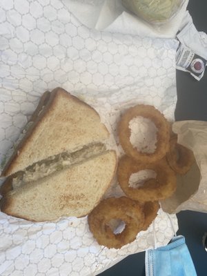 Chicken salad sandwich and 5 onion rings