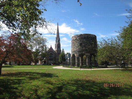 Church with Channing statue and Newport Tower in the foreground.