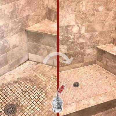 A stone restoration process made possible the complete removal of the mineral deposits that plagued this shower