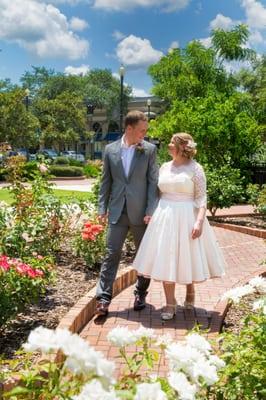 Just Married! Photos in the Rose Garden after getting married at Winter Park Wedding Chapel