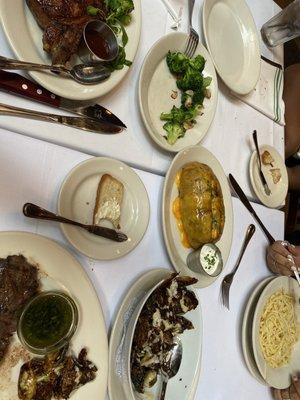 Argentinian Skirt Steak, bone-in rib eye, broccoli, Brussels sprout, kids spaghetti and load baked potato.